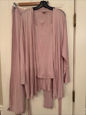 Maternity 3-Piece Soft Pink Lounge Set - Cozy Draped Robe, Pants & Tank